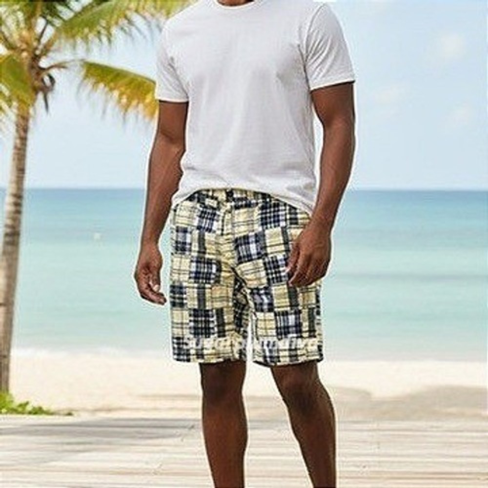 Chaps Madras Blue Yellow Plaid Cotton Shorts Casual 34 Patchwork Retro 8" Inseam